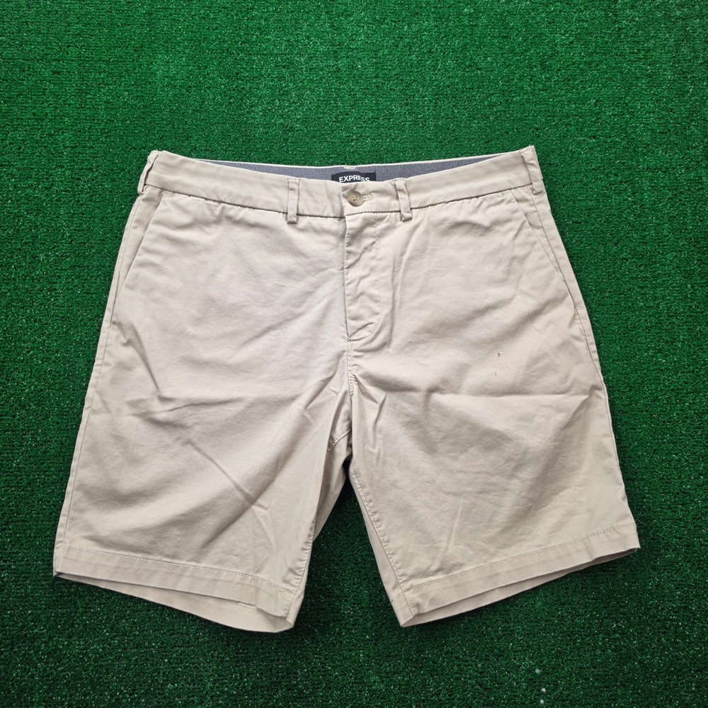 Express Slim Above The Knee 8" Inseam Chino Shorts Mens 33 Khaki Tan Preppy Golf